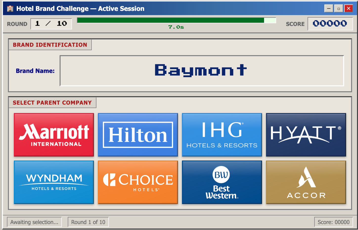 Name That Brand — Hotel Brand Challenge login screen. Click to play.